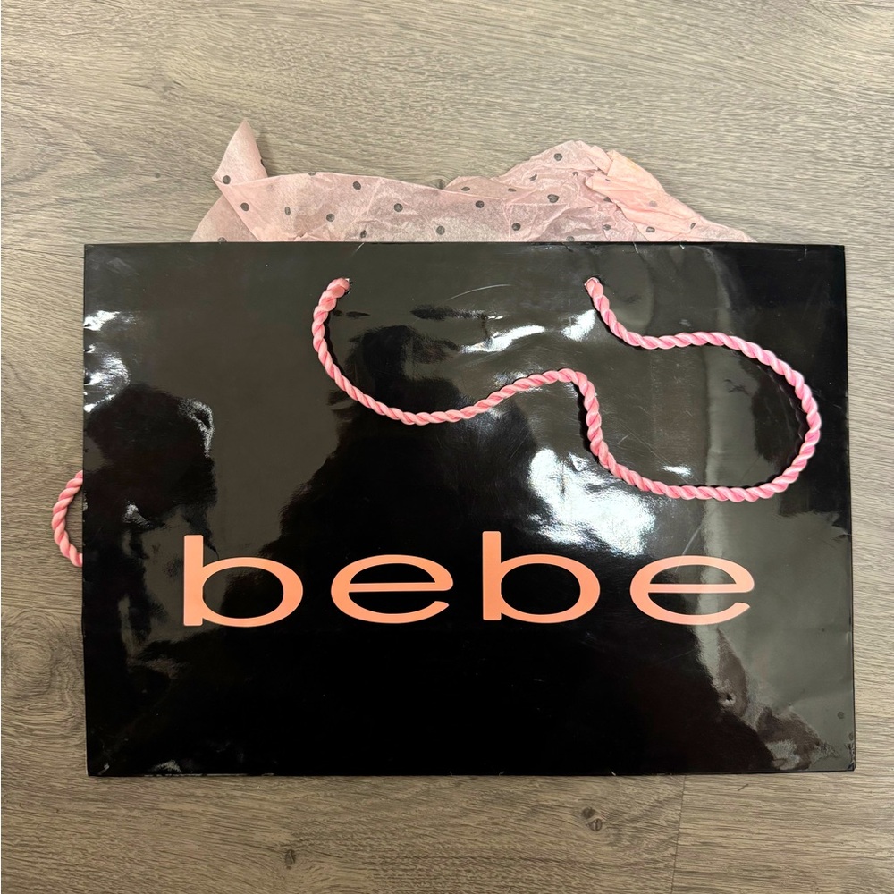 Bebe Medium 16” x 11” Paper Shopping Gift bag w/ tissue paper & Rope Handle